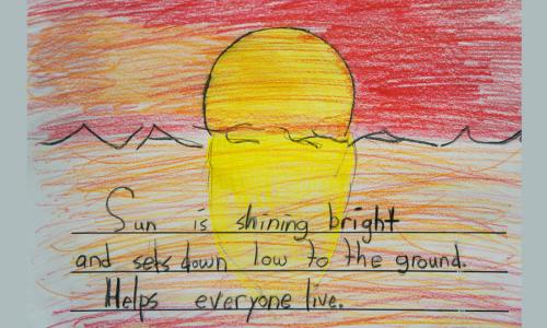 A drawing of a sunset with a short handwritten poem.