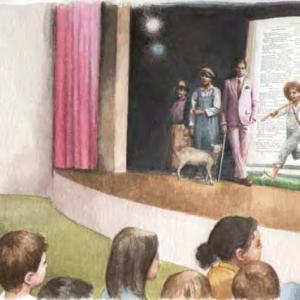 Drawing of children watching people on a stage.