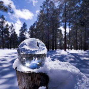 A glass ball in a snowy forrest.