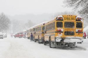 school buses in the snow