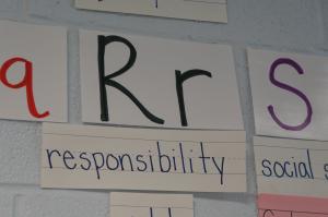 A large letter R on the wall with the word responsibility below it.