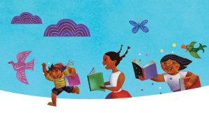 Illustration of children running with books