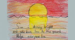 A drawing of a sunset with a short handwritten poem.