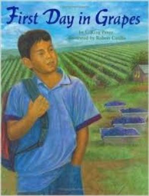Illustration of young boy standing in front of grape fields