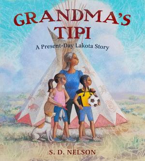 Grandchildren with grandmother in front of a tipi