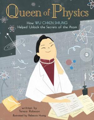 A woman in a lab coat sits in front of books and physics symbols float around her.