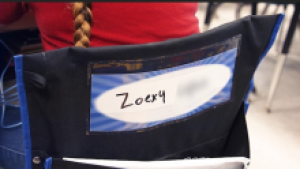 Student name tag on chair