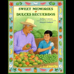 Illustration of a boy and his grandfather choosing fruit at a market