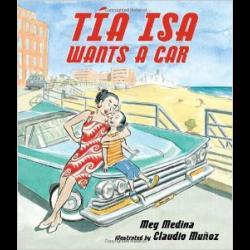 Illustration of woman hugging a child sitting on a classic car near the beach