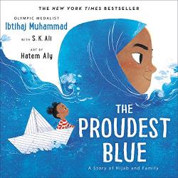 Drawing of a young girl in a blue hijab that looks like the ocean. A girl in a paper boat is on the ocean.