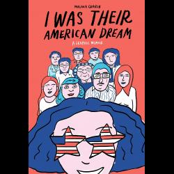 Drawing of a diverse group standing behind a girl with american flags shaped like stars for eyes.