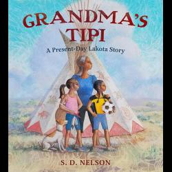 Grandchildren with grandmother in front of a tipi