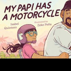 Illustration of a girl riding on the back of her dad's motorcycle.