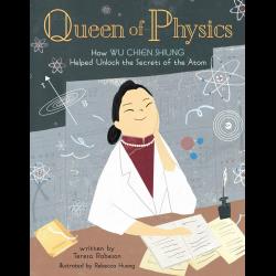 A woman in a lab coat sits in front of books and physics symbols float around her.