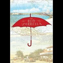 A red umbrella floating by the coast